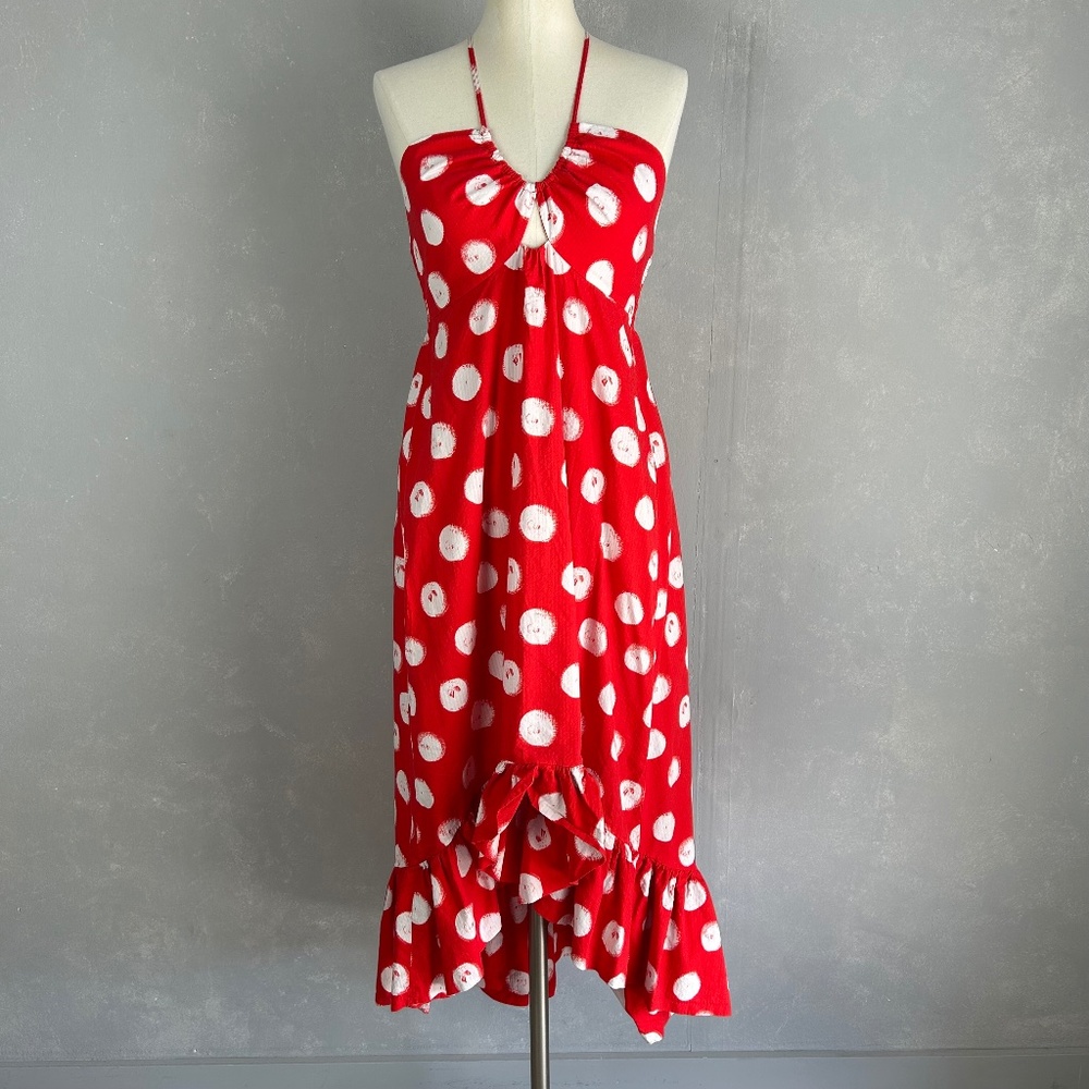 Plenty by Tracy Reese size M midi dress hi low ruffle red polka dot halter